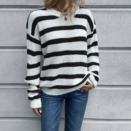 Kvinnor Crew Neck Stickade Tröjor Color Block Sweater
