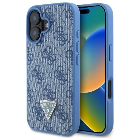 Guess Hardcase Leather 4G Triangle Strass MagSafe-etui i lær for iPhone 16 - Blå
