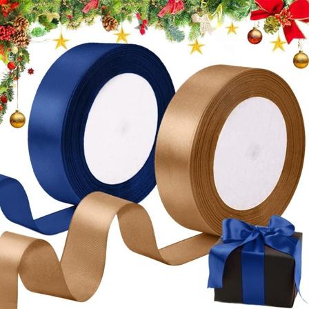 2 ruller gull og blå julebånd i sateng 2