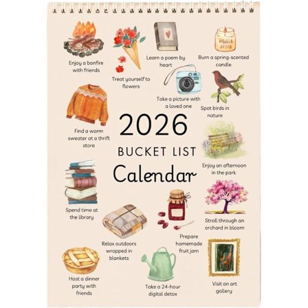 2026 Bucket List Kalender, Konst Akvarell Månadskalender, Skrivbords Tidspåminnelsekort