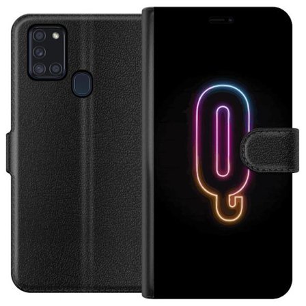 Kompatibelt Lommeboketui til Samsung Samsung Galaxy A21s Minimalistisk neonbokstav Q i skinnende farger mot mørk bakgrunn