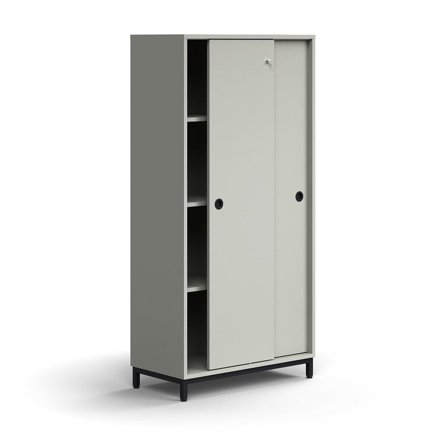 Skab med skydedøre QBUS, låsbart, 3 hylder, benstel, greb, 1636x800x400 mm, sort, lysegrå