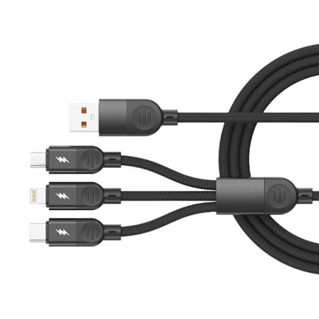 3-in-1 nailonpunottu latausjohto pikalataukseen älypuhelimille, tableteille ja useille laitteille
