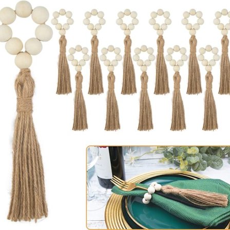 12 st. Träpärl-Girlang med tofsar, lantlig stil, rustika pärlor, bönhalsband, väggdekoration, servettringar, bröllop, heminredning