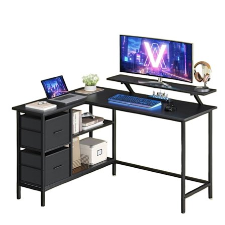 Rootz L-Shaped Corner Desk - Office Desk - Workstation - Space-Saving Design - 105.1cm x 135.1cm x 89.6cm - Black