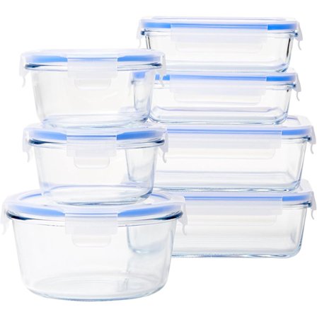 Glasförvaringsburkar för mat, 14-pack (7 behållare + 7 lock), BPA-fria (7-pack), klara, blå