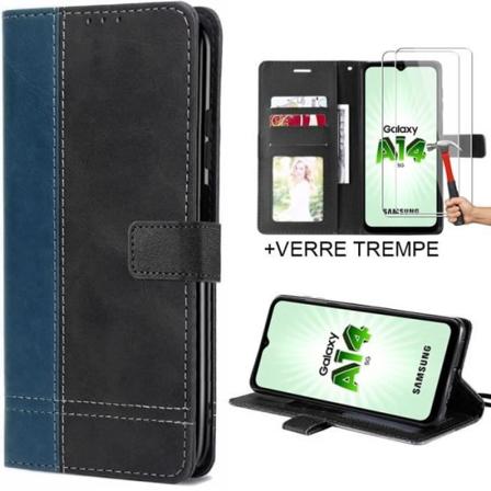 Fodral till Samsung Galaxy A14 5G med 2 härdade glasögon - Stötsäkert PU-läderfodral Marinblå-Svart