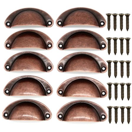 10 Vintage Skalhåndtag til Skuffe Skab Køkkenmøbler, Buet Jern Retro Skab Dørgreb 8,2 cm x 3,5 cm Rød Kobber