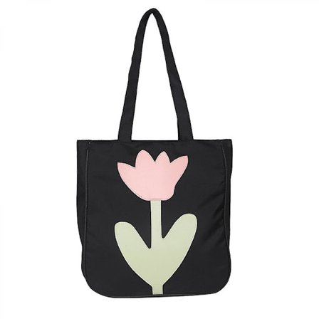 Mediumblommig Canvas Tote Bag för Universitetsstudenter, Blommiga Shopping Canvasväskor, Initialer Återanvändbara Väskor Svart