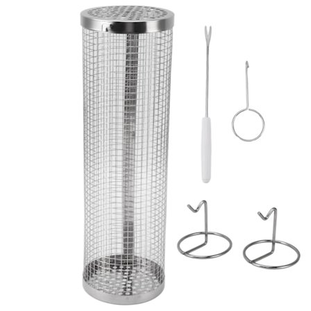 BBQ Netrør Rullende Grillkurv Rustfrit Stål Trådnæts Cylinder Grillkurv med Gaffelkrok til Udendørs Grill Camping L