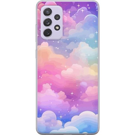 Kompatibelt Mobildeksel til Samsung Galaxy A52s 5G Søt enhjørning med regnbuefarget hår mot en stjernebelagt pastellbakgrunn i kawaii-stil