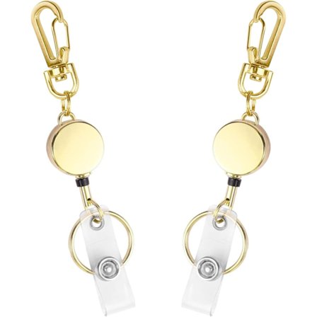 Gullfarget metall, uttrekkbar ID-kortholder med snor og karabinkrok, nøkkelring, 2-pakning