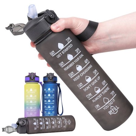1l Vandflaske med Sugerør & Tidsmarkering Sort Sort