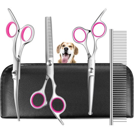 Hundeplejesæt med sikkerhedsafrundede spidser, professionelt 5 i 1-sæt til hundeklipning til hunde, katte og kæledyr derhjemme (pink)