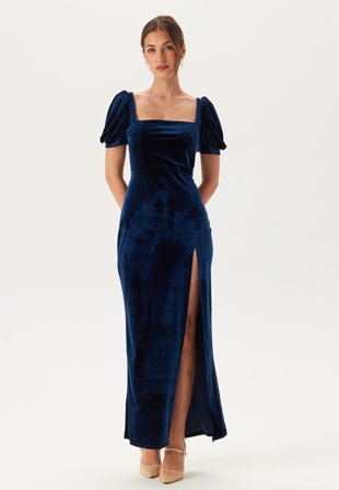 John Zack - Velvet Puff Sleeve Maxi With S - Navy - Kläder - - Bubbleroom