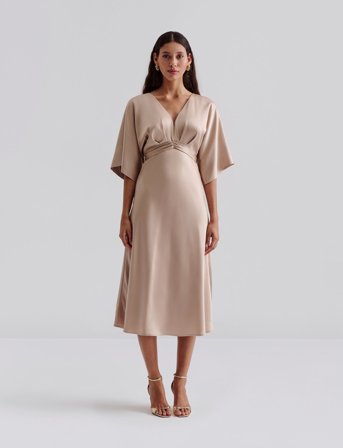 Malina Juno V-Neck Satin Midi Dress - Beige - XS