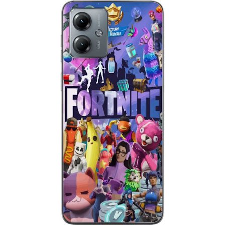 Kompatibelt Mobildeksel til Motorola Moto G14 Fortnite kollasje Victory Royale karakterer skinner plyndre fargerik Fortnite spill design