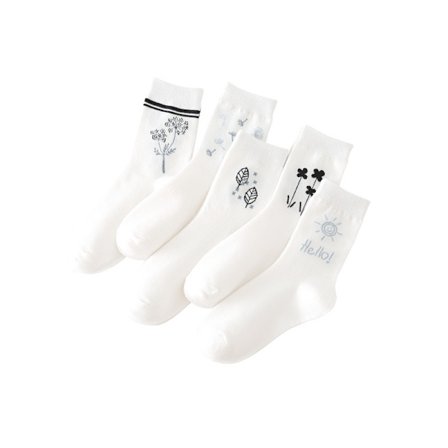 5 par efterårs- og vinterstrømper i bomuld til kvinder, alsidige hvide bladmodestuderende tegnede strømper