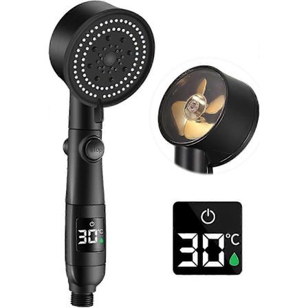 Brusehoved med højt tryk, Turbo håndholdt brusehoved med temperatur LCD-display, 5 tilstande regn kraft brusehoved med stopkontakt, vandbesparende 