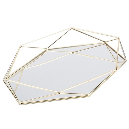 Sekskantet Speil i Metall Gull Kosmetikk Smykker Oppbevaringsbrett Boks Plate til Bad