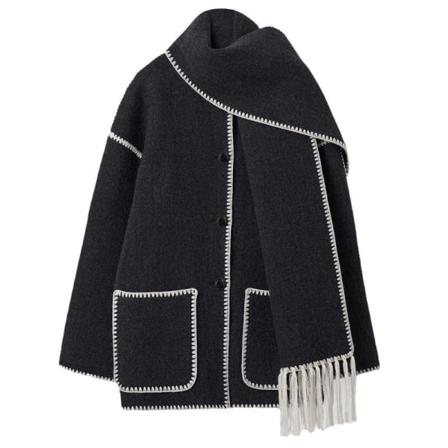 Damkappa med halsduk lösa enkelknäppta kappor Black White L