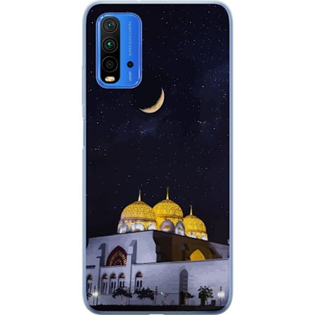 Yhteensopiva Puhelinkuori Xiaomi Redmi Note 9 4G Tähtikirkas yö kultaisine kupoleineen ja puolikuun yllä valaistun moskeijan yllä