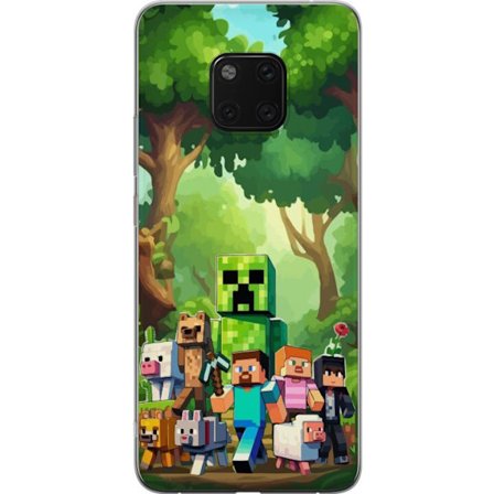 Kompatibelt Mobildeksel til Huawei Mate 20 Pro Blokkete pikselerte spillverden med grønne figurer og dyr i frodig skogsmiljø