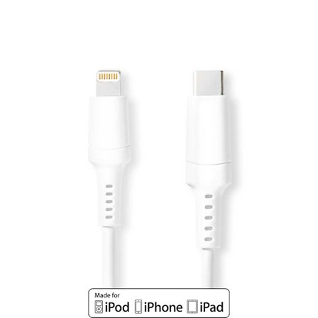 Lightning Kabel | USB 2.0 | Apple Lightning, 8-stifts | USB-C Hane | 480 Mbps | Nickelplaterad | 1.00 m | Rund | PVC | Vit | Låda