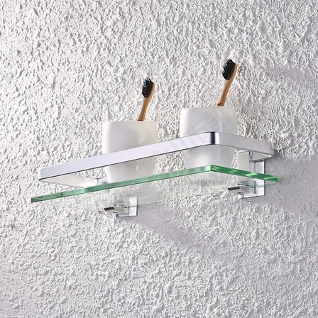 Badrumshylla i glas och aluminium, härdat glas 8 mm, extra tjock, 1 rektangulär hylla, 1 lager förvaring, väggmonterad, silver