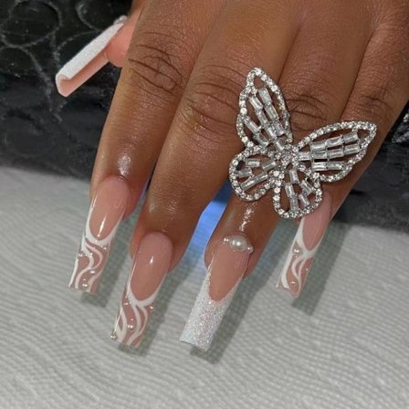 24 kpl Fake Nails Long French Ballerina