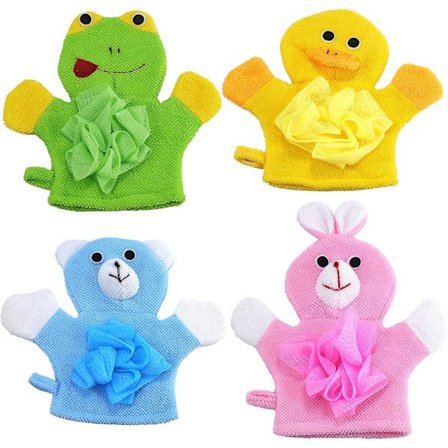 4 st Tecknade Baby Barn Bad Duschhandskar Badsvamp Handdocka Bad Tvättvante Handduk med Djurmotiv - Kanin/Groda/Björn/Anka