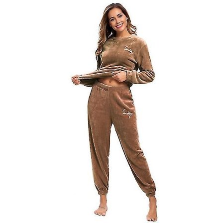 Vinter Varma Pyjamas Plus Fleece Topp Byxor Rund Hals Mjuk Pyjamas Set
