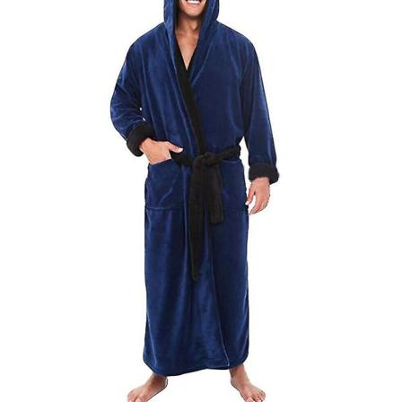 Miesten talvi lämmin hupullinen takki kylpytakki pyyhkeet pitkä aamutakki Dark Blue Black L