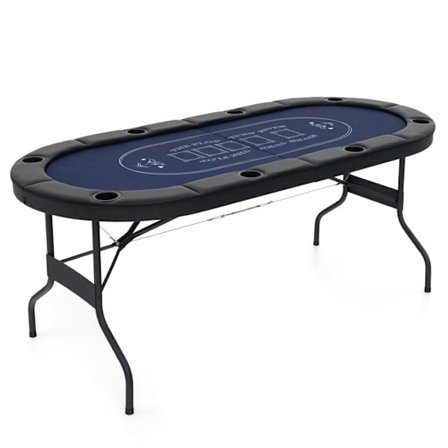 Foldable Poker Table-COSTWAY-for 8 Players-182 x 82 x 75 cm-Oval-8 Cup Holders-Felt Surface-Multifunction-Blue