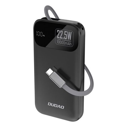 Dudao K31 10000 mAh 22,5 W PD Powerbank med innebygd USB-C-kabel - Svart