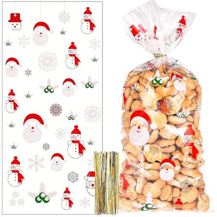 100 stk. jule slikpose poser, klare plastik julegaveposer med 100 stk. snoede bånd til julefrokost Ha