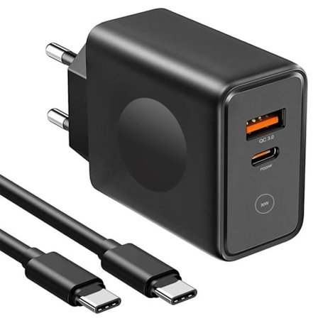 USB-C oplader 30W - E.F.CONNECTION - 2-i-1 PD 20W + QC 3.0 - Kabel inkluderet - Sort