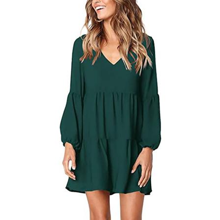 Dam V-ringad Casual Lösa Klänningar Green 2xl