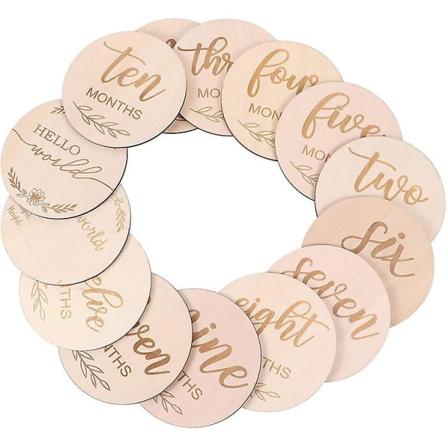 12 stk. Baby Månedlige Kort Træ Milepæl Diske Baby Første År Vækst Foto Minde Rekvisitter