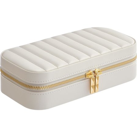 Reisesmykkeskrin, liten smykkeskrinorganisator med speil, 10,5 x 20,5 x 6 cm, PU-overflate med sømmer, bærbar, glidelåser, gaveidé