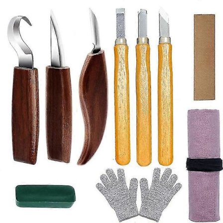 10 stk. treskjæringsverktøy i karbonstål, treskjæringsverktøysett med krokkniv