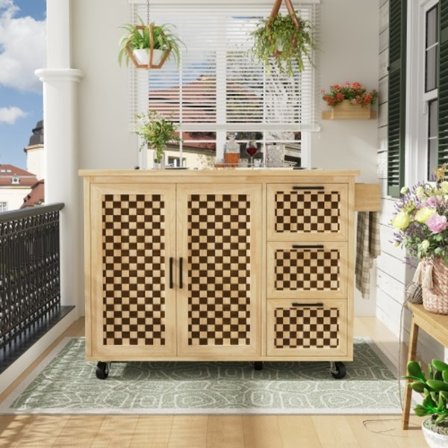 Köksö med hjul och schackrutigt mönster, träådring, med handdukshängare, 3 lådor, 120x92cm