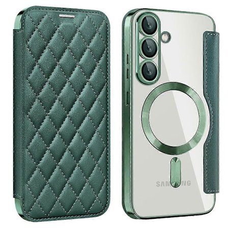 Samsung Galaxy S25 -puhelin kotelo, yhteensopiva MagSafe Diamond PU -nahkaisen puhelin kotelon kanssa - musta vihreä (musta vihreä)