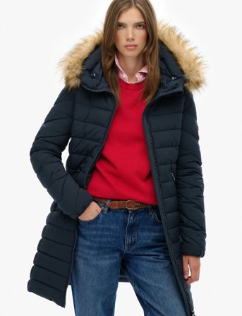 Superdry Fuji Faux Fur Hood Mid Length - Navy - S