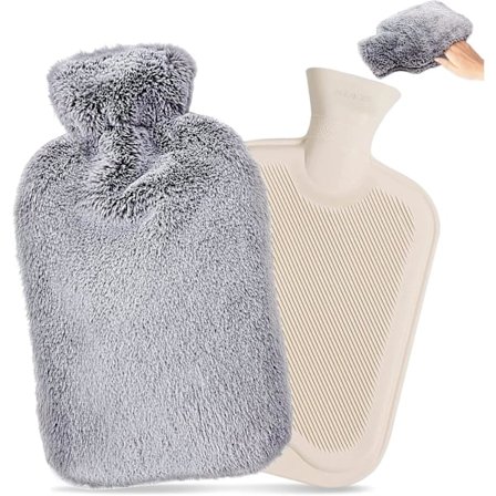 Varmvattenflaskor, 2 liters kapacitet, kylande kall varmvattenflaska med ren naturgummi och ett mysigt, fluffigt plyschöverdrag i grått för ryggen
