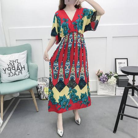Kvinners kort ermet V-hals bomull bohemsk lang kjole blomstertrykk (1# XL-3XL)