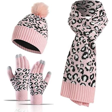 Leopard Beanie Hat, Halstørklæde og Touchscreen-handsker Sæt med Pom fo
