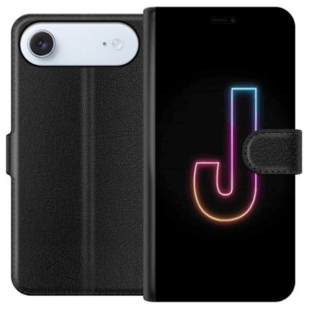 Yhteensopiva Lompakkokotelo Apple Apple iPhone 17 Air Minimaalinen neonkirjain J värien vaihtuessa valossa mustaa taustaa vasten