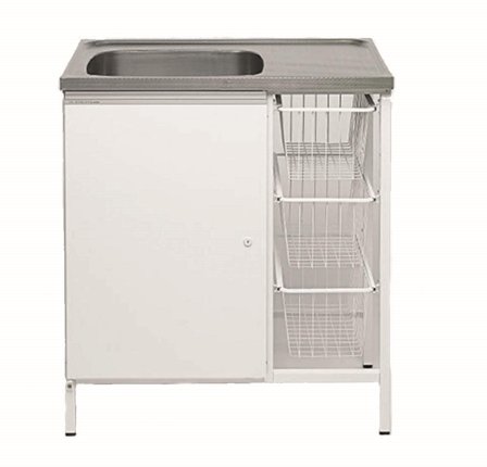 Contura CAB 8 Tvättbänk vit, med förvaringsskåp och 3 trådbackar Vänster, Tvättstuga