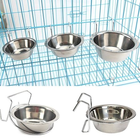 Hängskål i metall för hund katt husdjur bur mat vatten rostfritt stål skål
